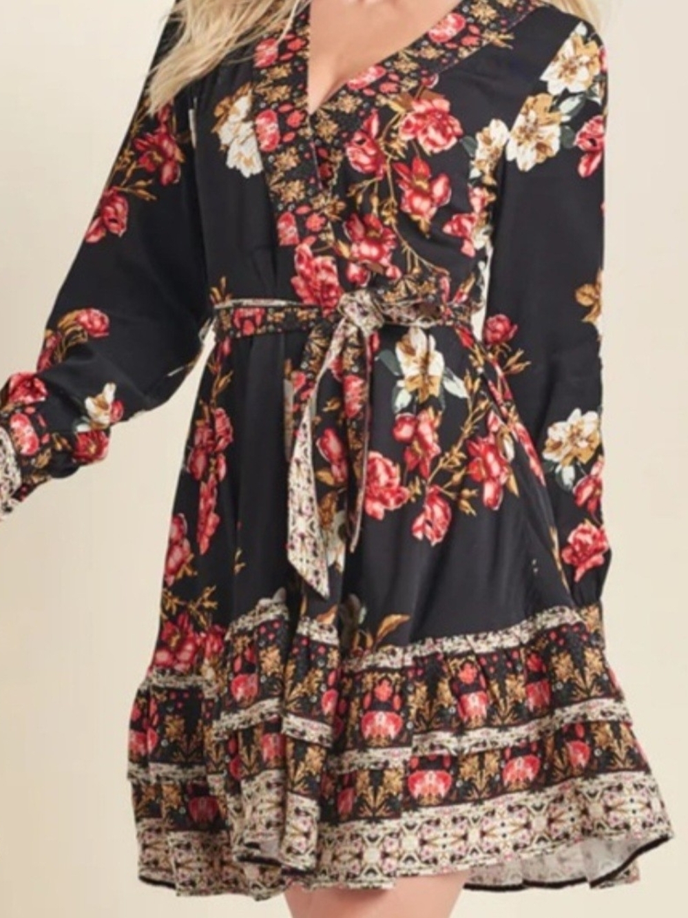 VENUS Black Floral Mini Layered Dress with Red and Cream Blooms Sz 10 Coquette